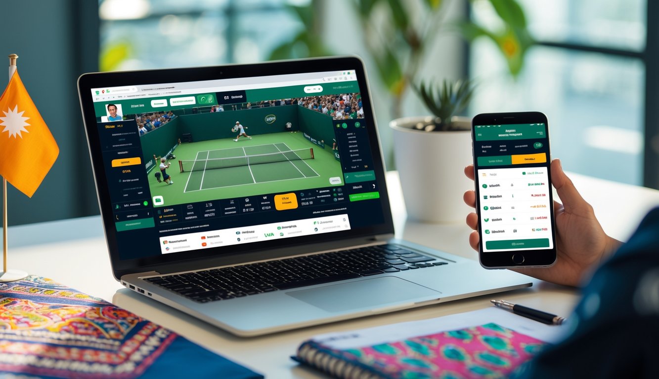 Seorang pengguna sedang melihat pertandingan tenis di laptop dan menggunakan aplikasi taruhan di ponsel di meja kerja yang rapi dengan bendera kecil Indonesia.