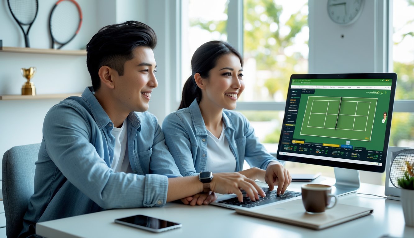 Dua orang muda duduk di meja kerja dengan laptop menonton pertandingan tenis dan terlihat fokus serta antusias.