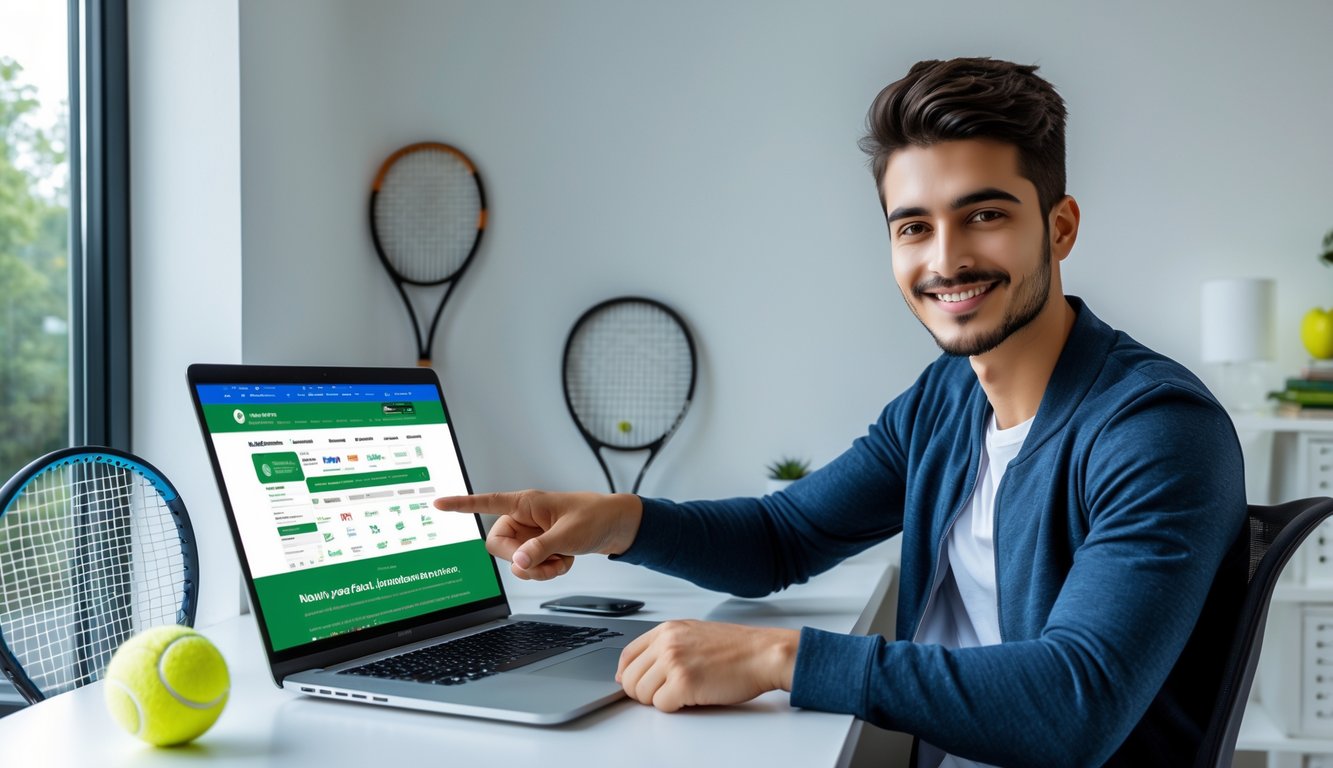 Seorang pria muda duduk di meja dengan laptop terbuka menampilkan situs taruhan tenis, dikelilingi perlengkapan tenis di ruang kerja yang terang.