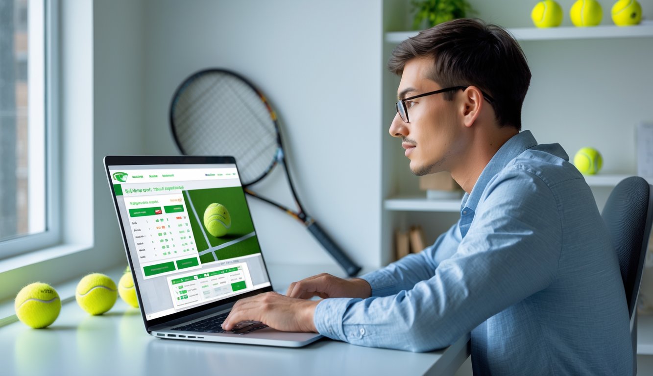 Seorang pria muda duduk di meja dengan laptop, fokus melihat situs taruhan tenis online, dengan rak berisi raket dan bola tenis di latar belakang.