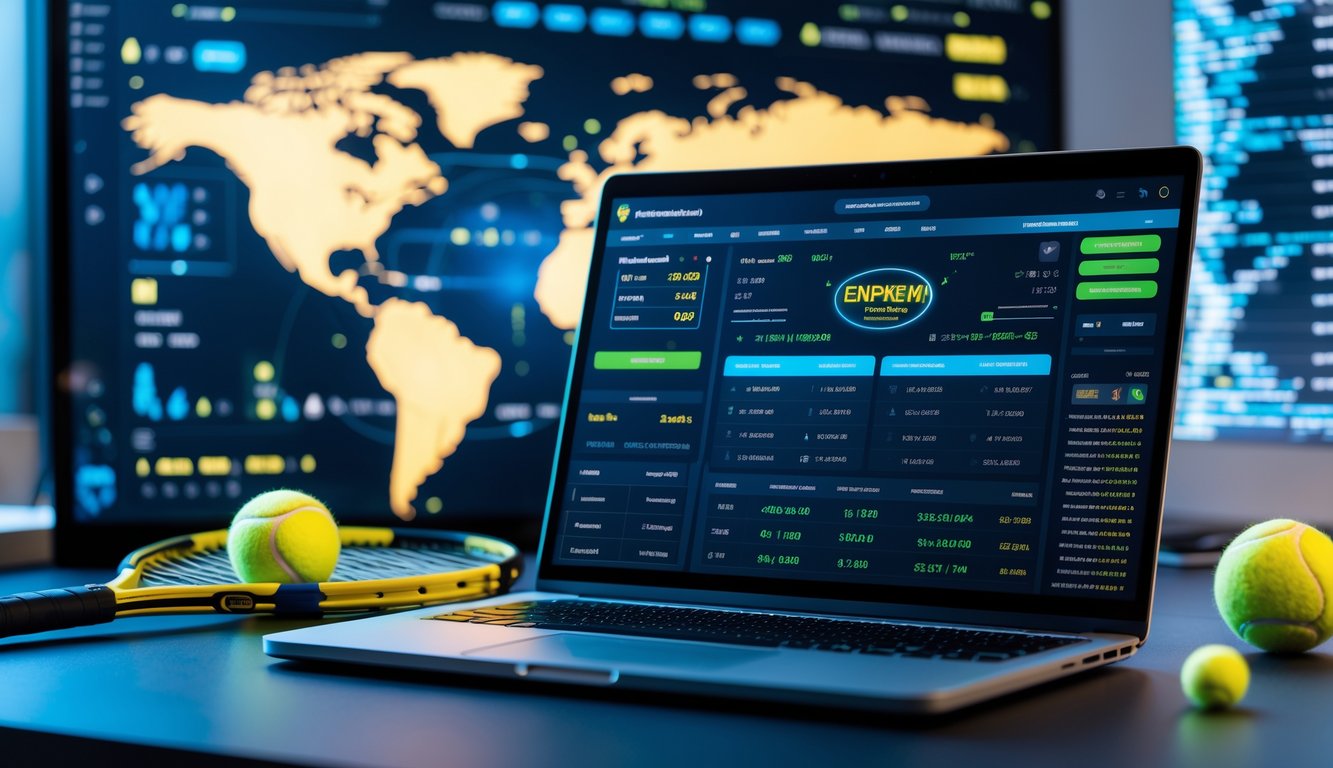 Sebuah ruang kerja modern dengan laptop menampilkan antarmuka taruhan tenis online dan elemen yang menunjukkan koneksi internasional.