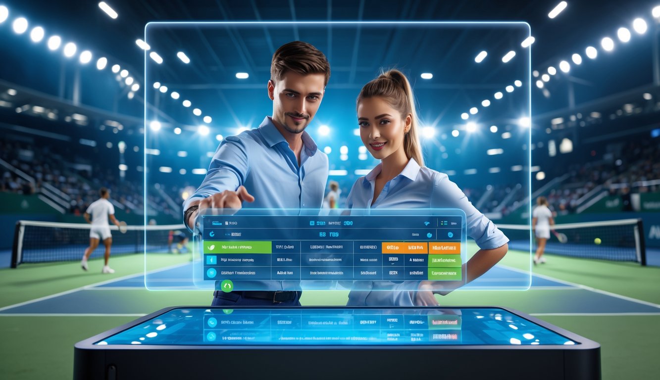 Dua orang sedang menganalisis data taruhan tenis secara digital dengan latar belakang pertandingan tenis yang sedang berlangsung.