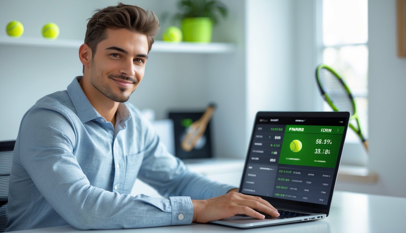 Seorang pria muda duduk di meja dengan laptop, sedang menggunakan situs taruhan tenis online.
