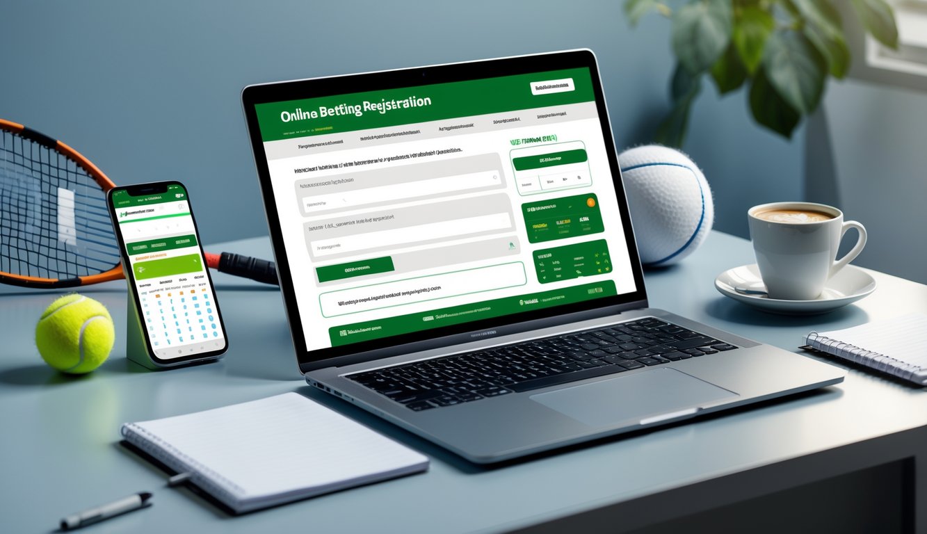 Seseorang sedang menggunakan laptop di meja kerja dengan perlengkapan tenis di sekitar, menyiapkan pendaftaran taruhan tenis online.