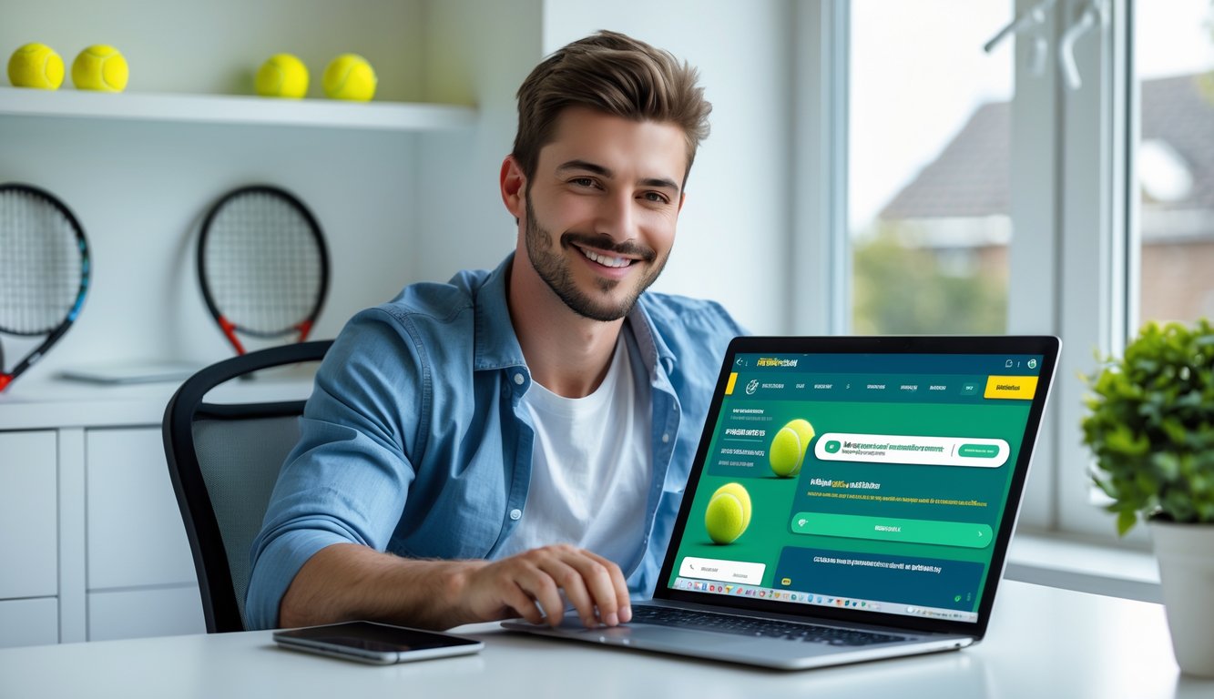 Seorang pria muda duduk di meja dengan laptop, tampak senang menggunakan situs taruhan tenis online, dengan rak berisi raket dan bola tenis di latar belakang.