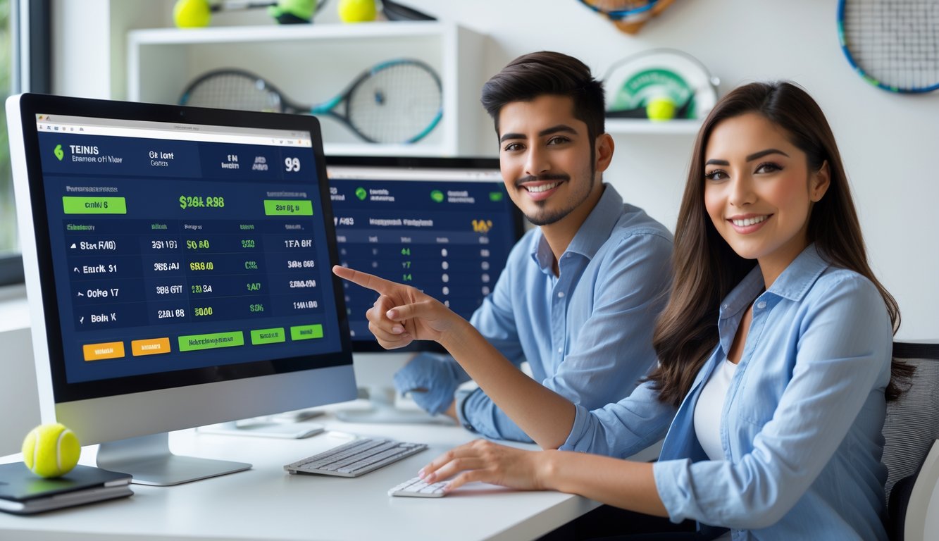 Dua orang muda sedang menggunakan komputer di ruang kerja dengan layar menampilkan statistik tenis dan peluang taruhan, terlihat senang dan fokus.