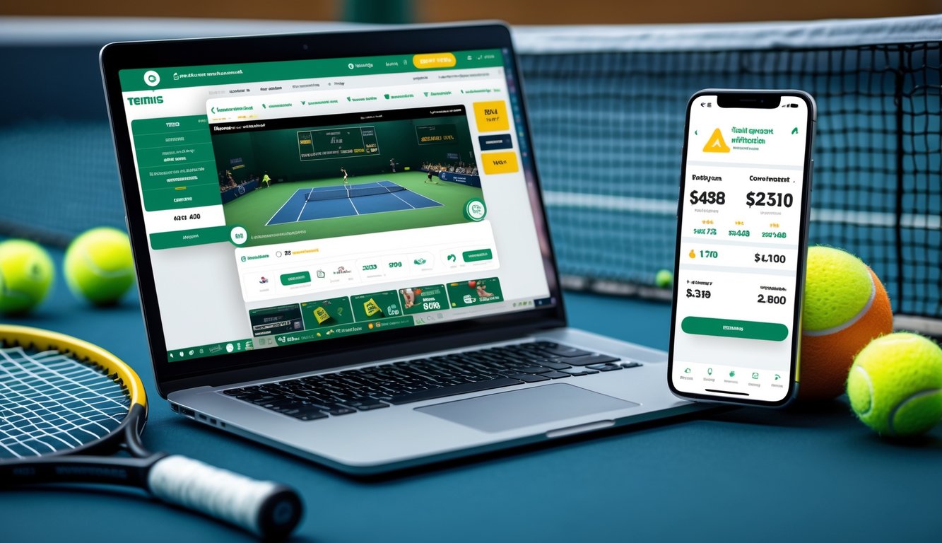 Seorang pria menggunakan laptop dan ponsel untuk memasang taruhan tenis online di meja kerja dengan raket dan bola tenis di latar belakang.