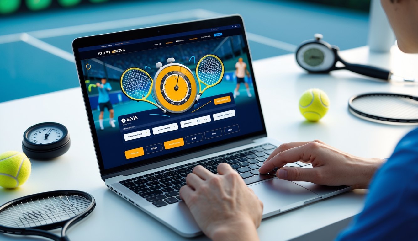Seseorang menggunakan komputer dengan tampilan situs taruhan tenis online, menampilkan elemen tenis seperti raket dan bola tenis di latar belakang.