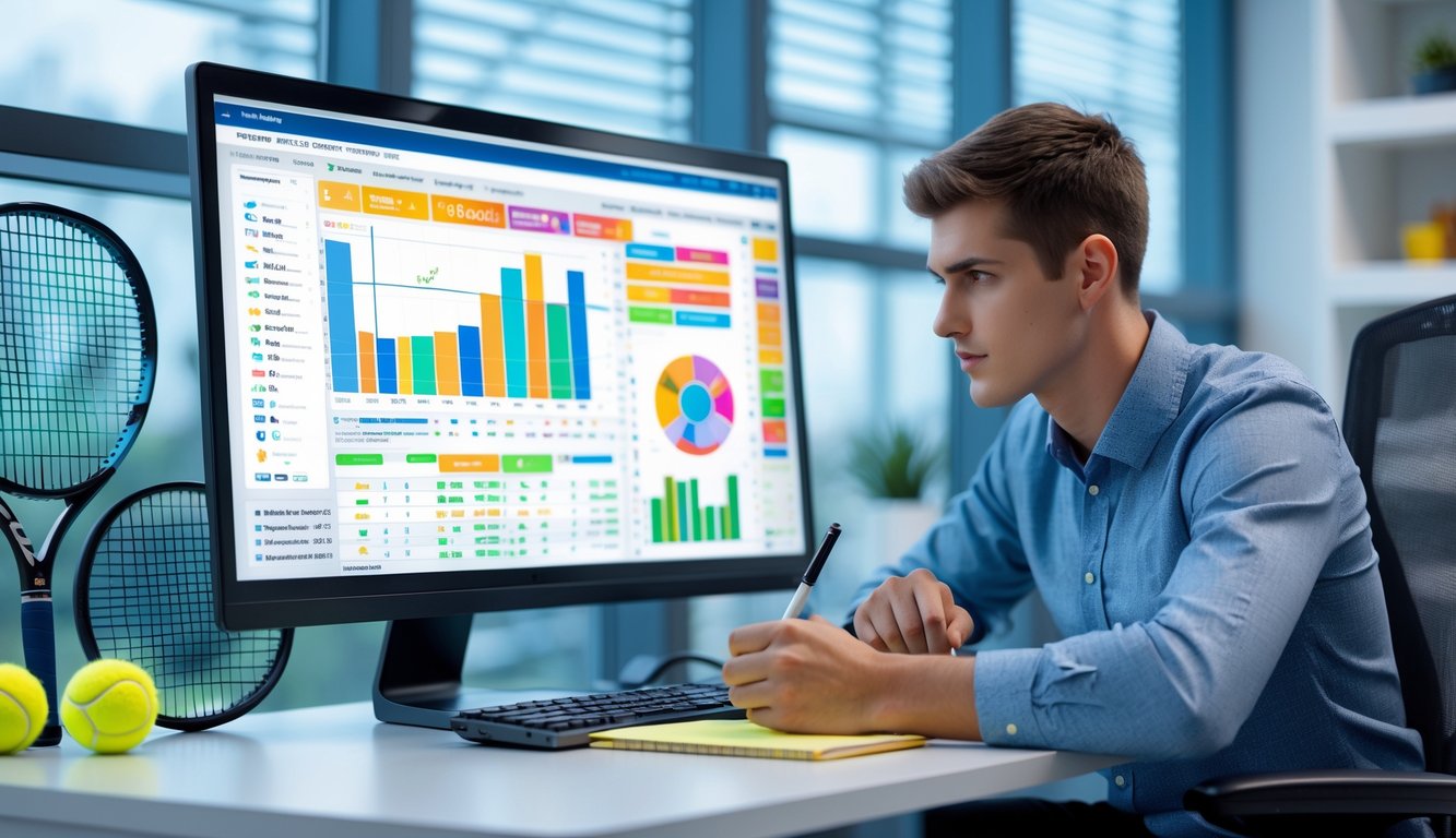 Seorang pria fokus duduk di meja kerja menganalisis data pertandingan tenis di layar komputer dengan alat tulis di tangan.