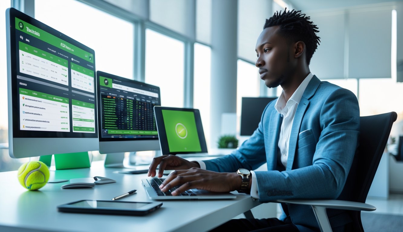 Seseorang duduk di meja dengan beberapa layar yang menampilkan statistik pertandingan tenis dan peluang taruhan, sedang menganalisis data dengan serius.