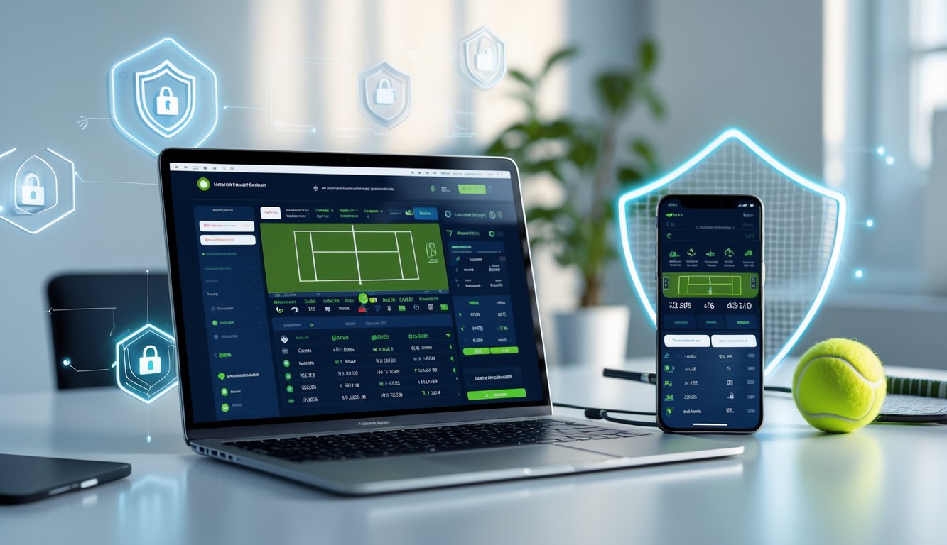 Seorang profesional menggunakan laptop dan ponsel untuk memasang taruhan tenis online dengan simbol keamanan digital di sekitarnya.