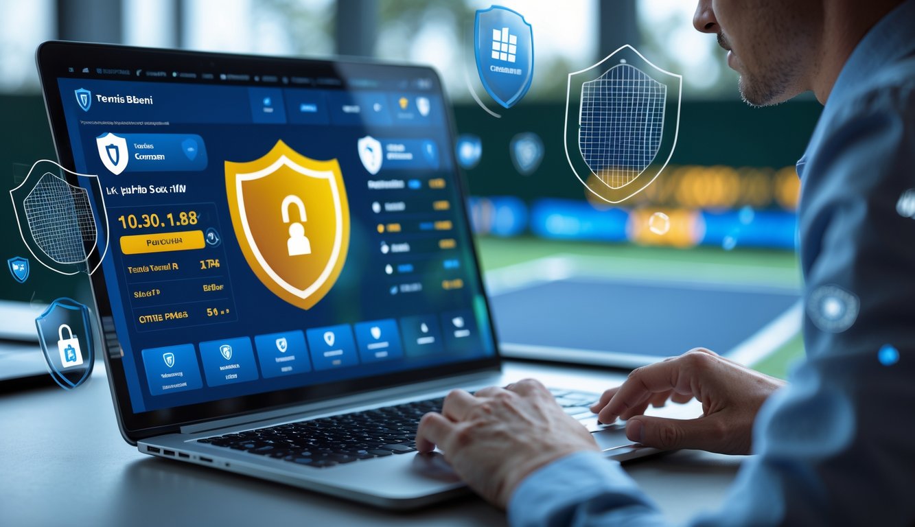 Seorang individu sedang menggunakan laptop dengan tampilan platform taruhan tenis online yang aman, dengan latar belakang elemen keamanan digital dan gambar lapangan tenis.