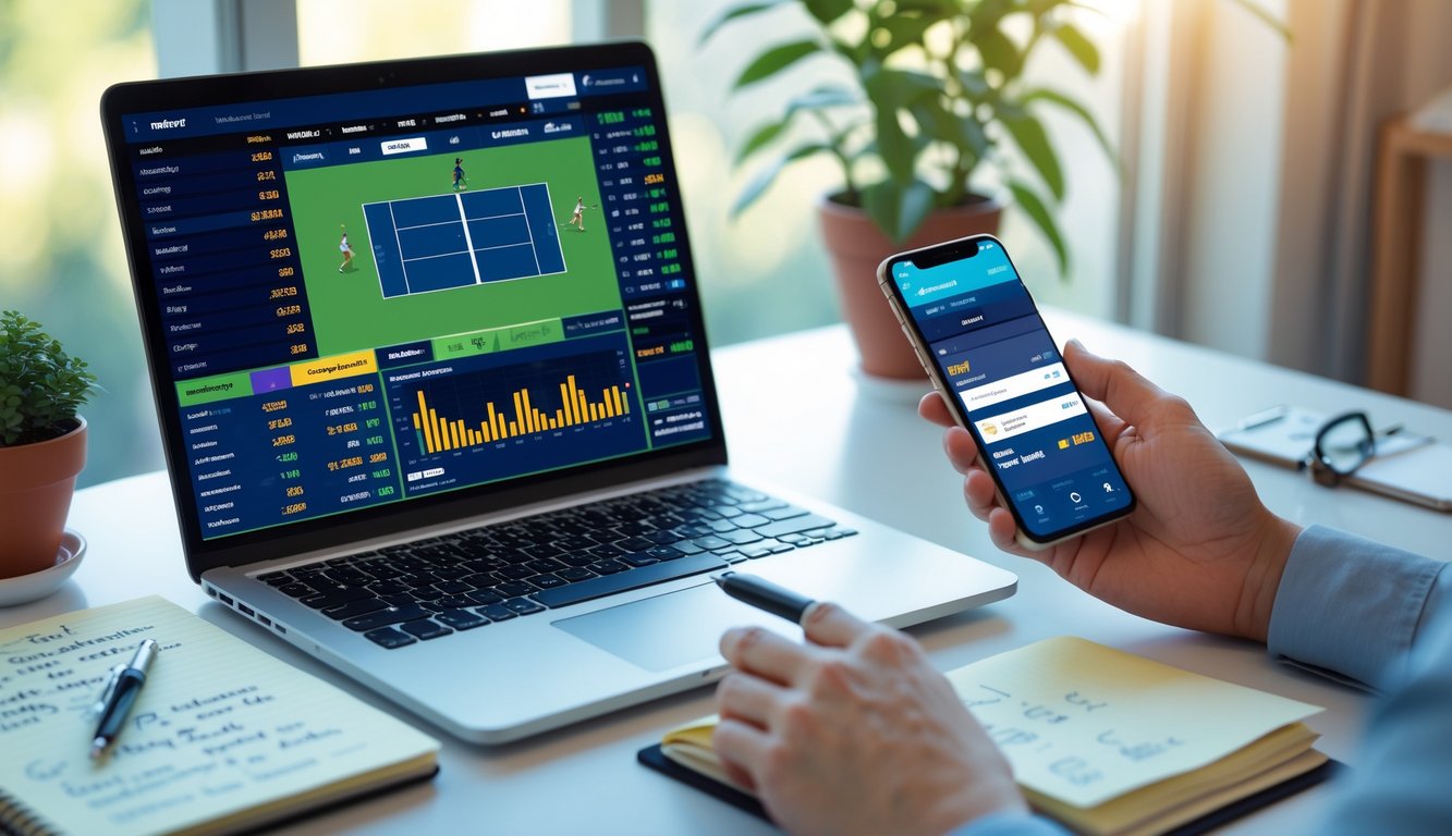 Meja kerja dengan laptop menampilkan pertandingan tenis dan grafik analisis, tangan menggunakan ponsel dengan aplikasi taruhan, serta buku catatan dan pena di sampingnya.