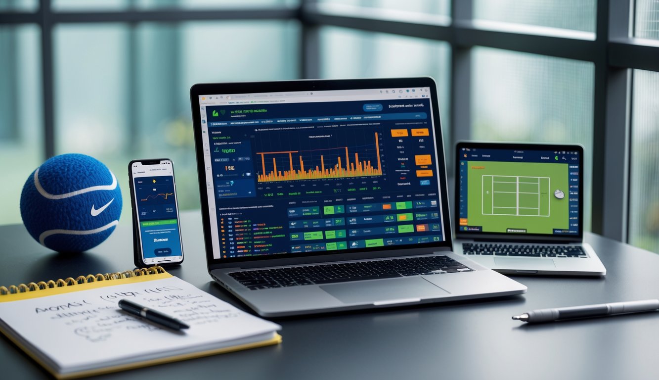 Seorang profesional sedang bekerja dengan laptop dan ponsel yang menampilkan statistik dan pertandingan tenis secara langsung di meja kerja yang terang.