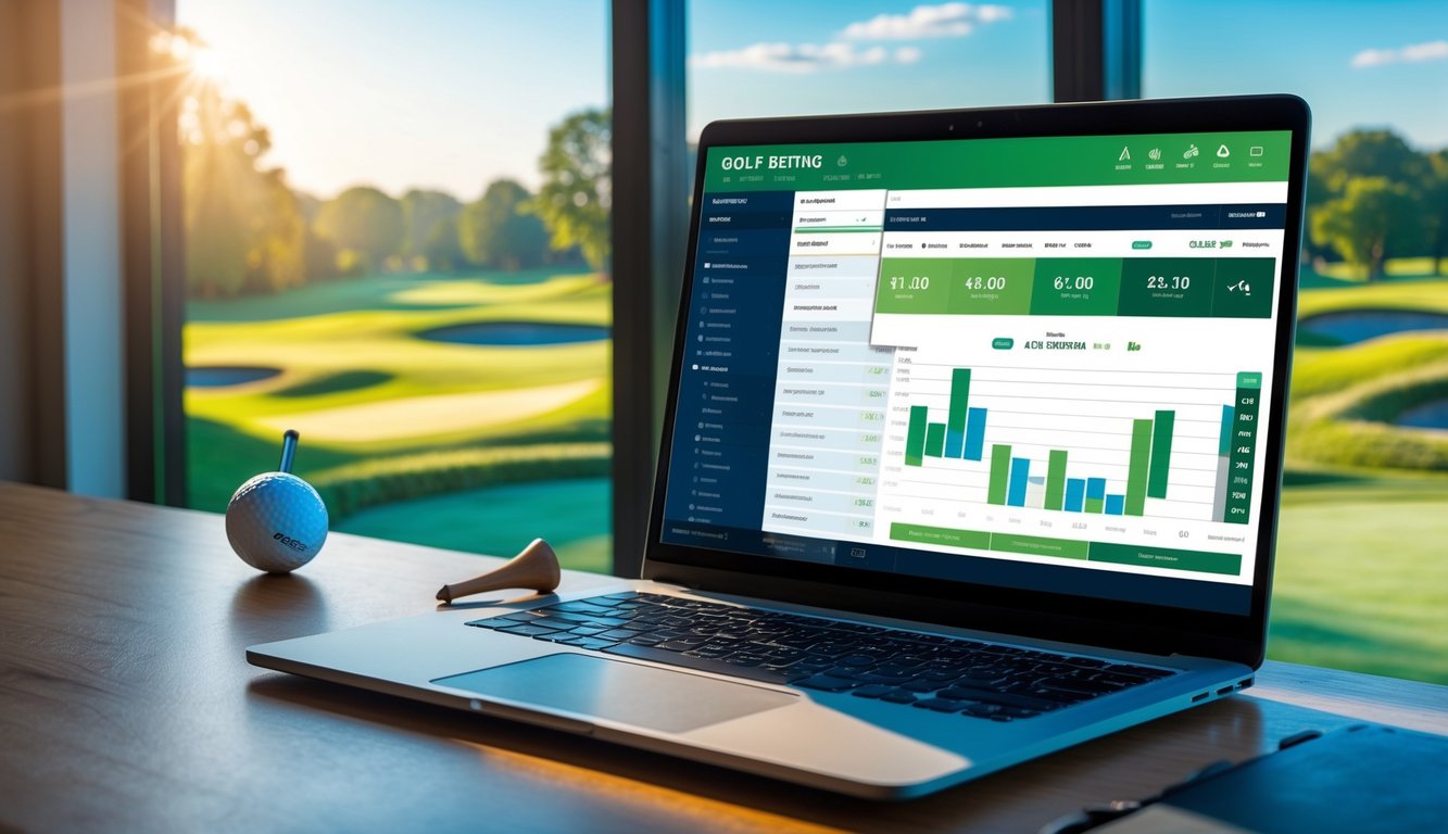 Meja kerja dengan laptop yang menampilkan situs taruhan golf online, bola golf dan tee di atas meja, latar belakang lapangan golf hijau dan cerah.