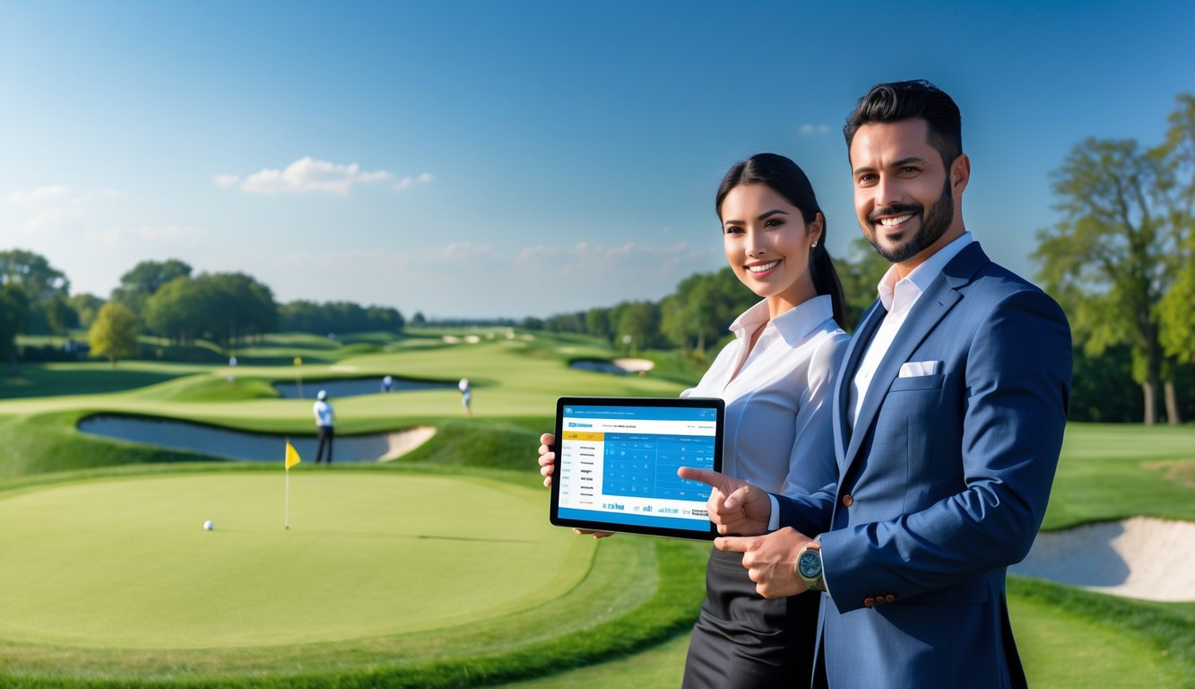 Seorang pria dan wanita berdiri di lapangan golf hijau dengan tablet digital menampilkan antarmuka taruhan golf, di latar belakang lapangan golf dan pemain sedang bermain.