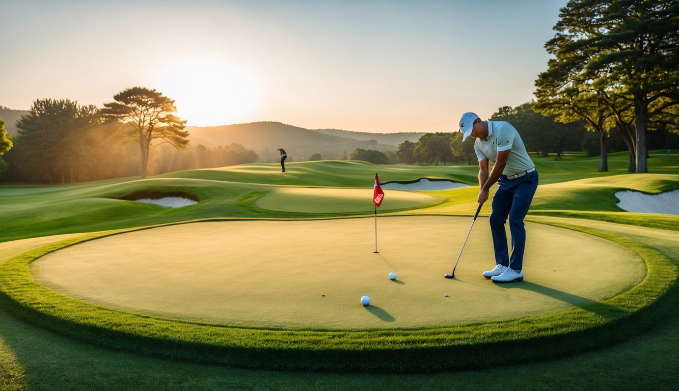 Lapangan golf yang rapi dengan bendera di lubang dan seorang pemain golf sedang mengayunkan stik golf saat matahari terbit.