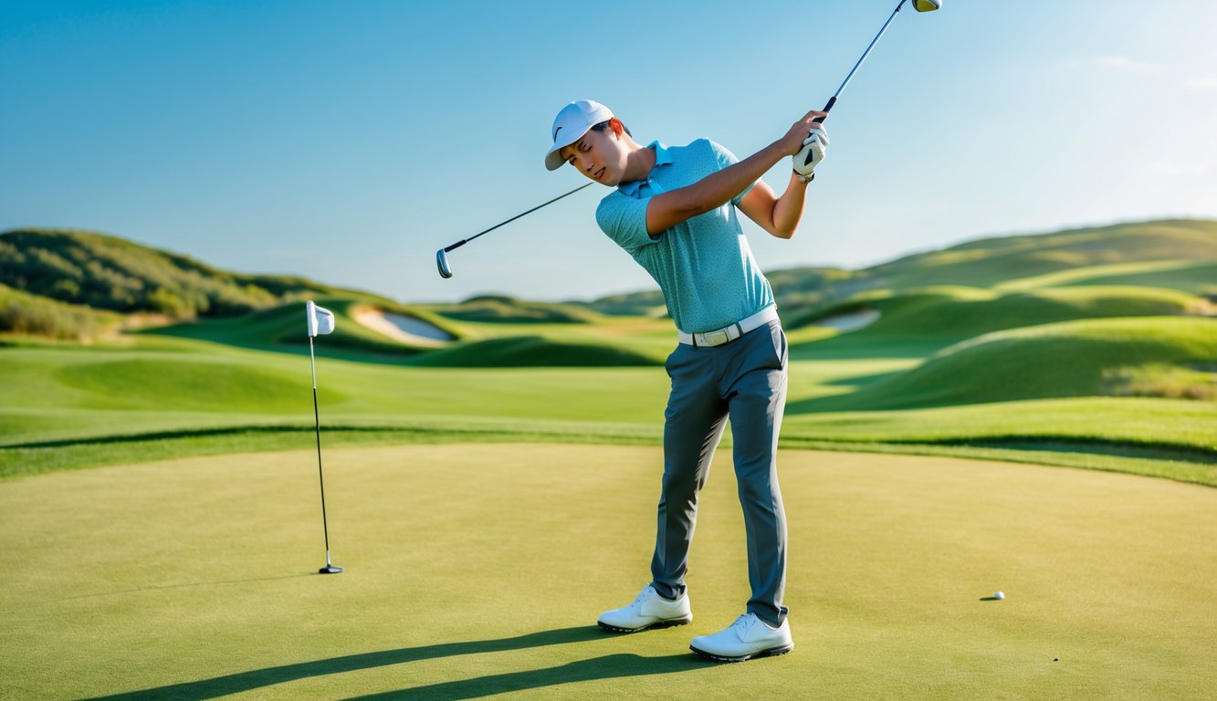 Seorang pemain golf muda sedang bersiap melakukan ayunan di lapangan golf yang hijau dan cerah pada siang hari.