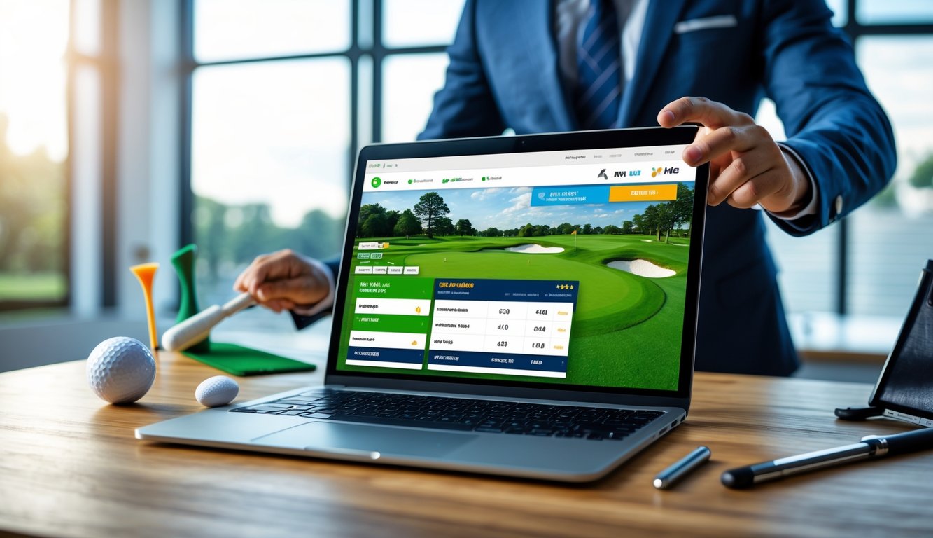 Seseorang menggunakan perangkat digital di meja dengan perlengkapan golf di sekitarnya, menampilkan konsep taruhan golf online.