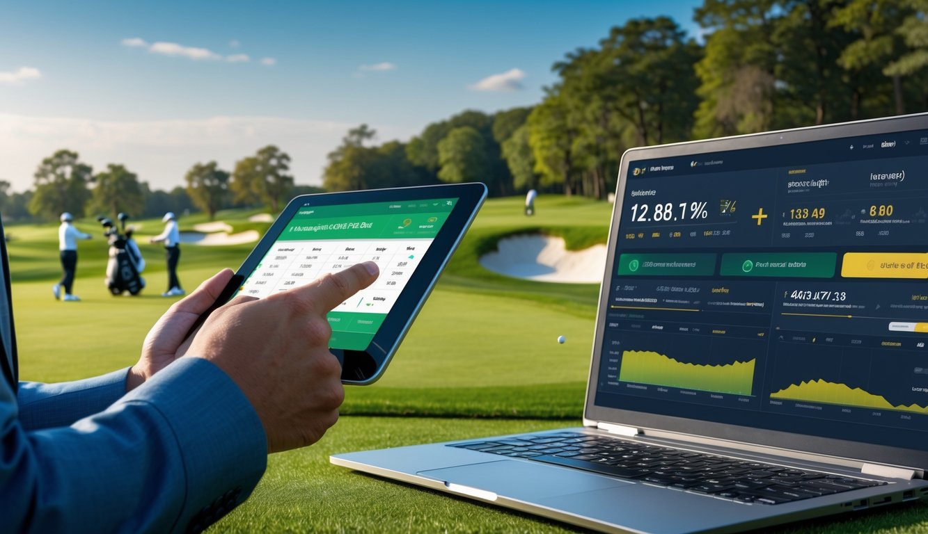 Seseorang memegang tablet dengan data taruhan golf di lapangan golf yang hijau dan cerah.