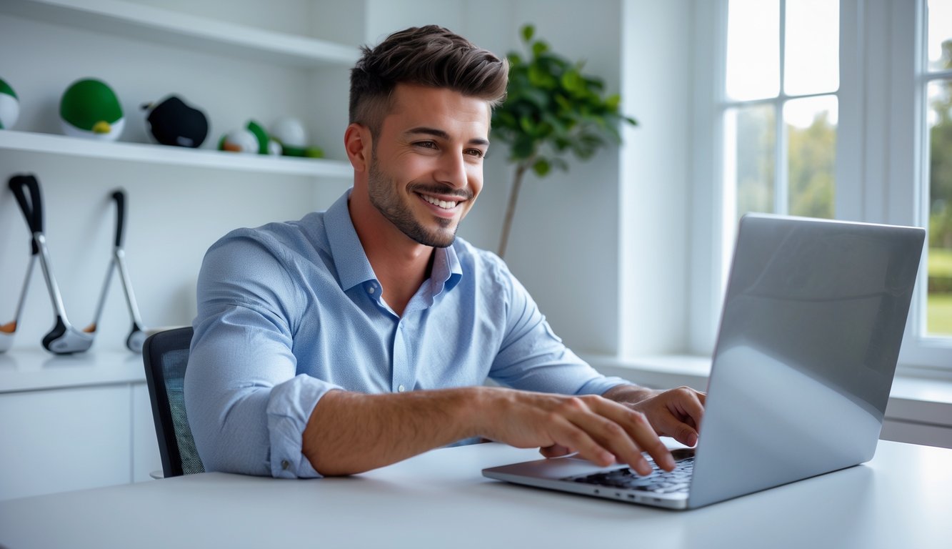 Seorang pria muda sedang mendaftar di situs taruhan golf online menggunakan laptop di ruang kerja rumah yang terang dan rapi.