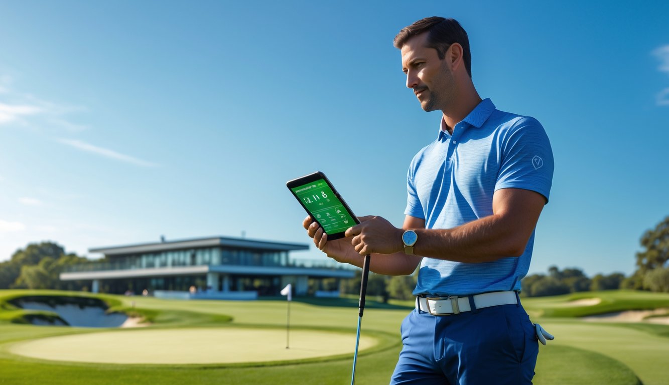 Seorang pegolf pria berdiri di lapangan golf hijau dengan tablet di tangan, tampak fokus dan berpikir.