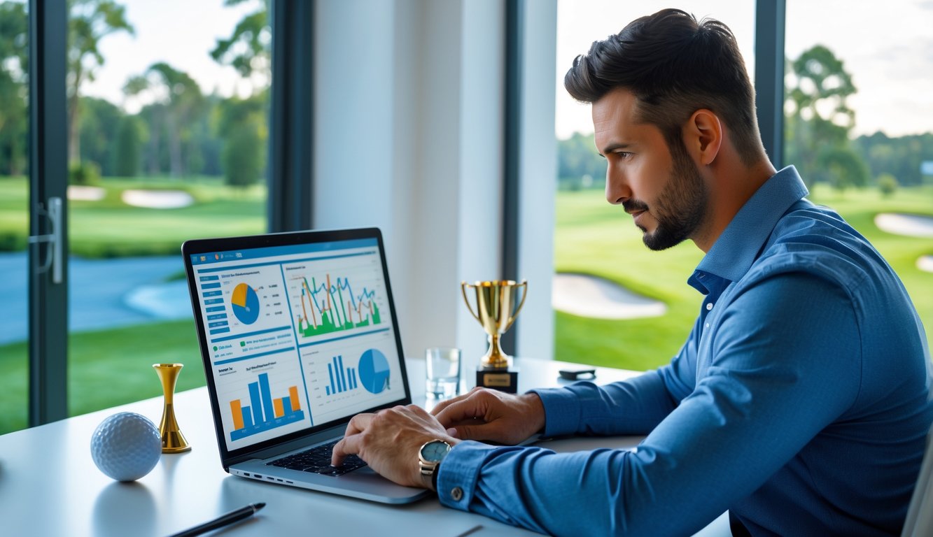 Seorang pria duduk di depan laptop di ruang kerja dengan perlengkapan golf di meja, melihat layar dengan fokus, di latar belakang terlihat lapangan golf.