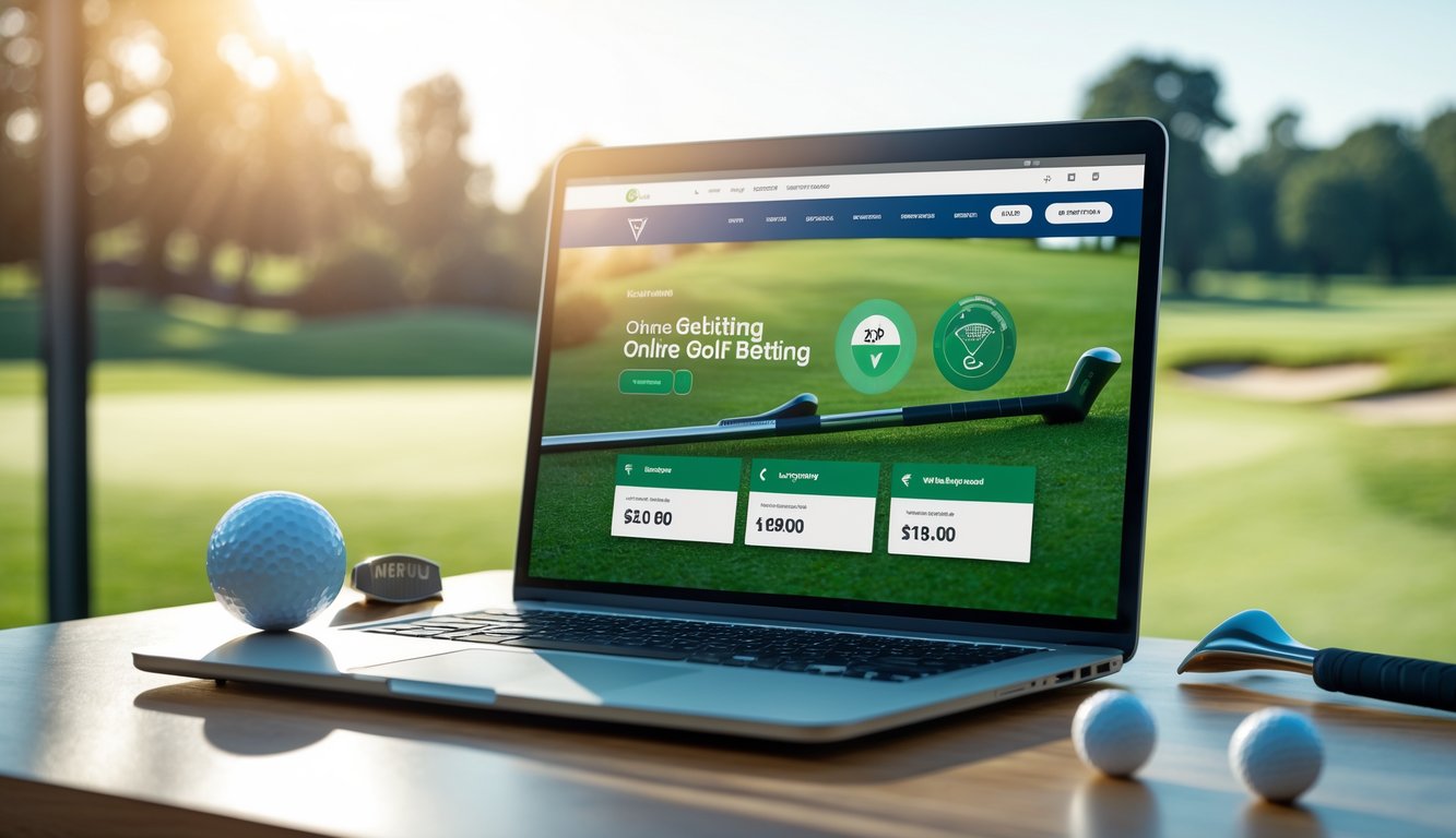 Seorang pria menggunakan laptop di meja dengan bola golf dan tongkat golf di sampingnya, latar belakang lapangan golf yang cerah terlihat samar.