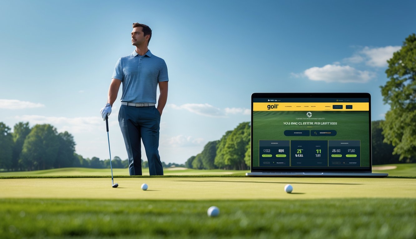 Seorang pria berdiri di lapangan golf dengan tongkat golf, di dekatnya terdapat laptop yang menampilkan situs taruhan golf online.