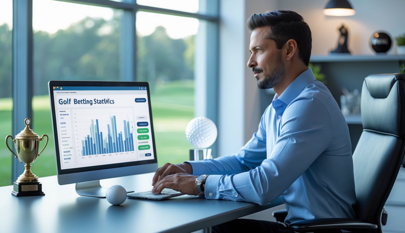 Seorang pria duduk di meja dengan laptop, menganalisis data taruhan golf online di ruangan kantor yang terang dan rapi.