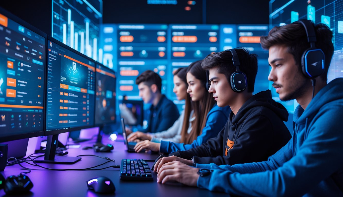 Beberapa orang muda sedang menggunakan komputer dan ponsel untuk bertaruh pada pertandingan esports dengan tampilan layar yang menunjukkan statistik dan data permainan.