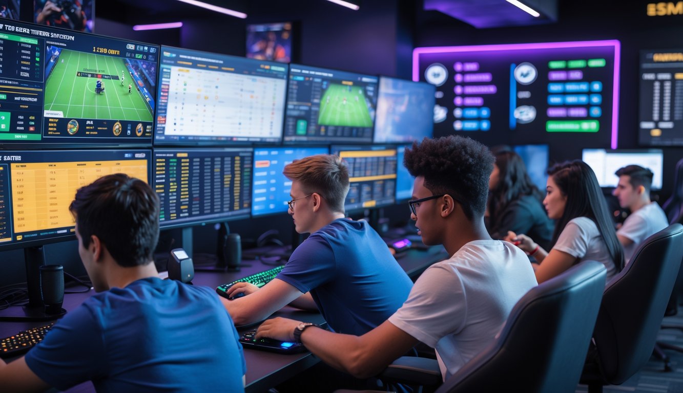 Beberapa orang muda sedang fokus di depan layar komputer besar dengan pertandingan esports dan grafik taruhan di sebuah ruang permainan modern.