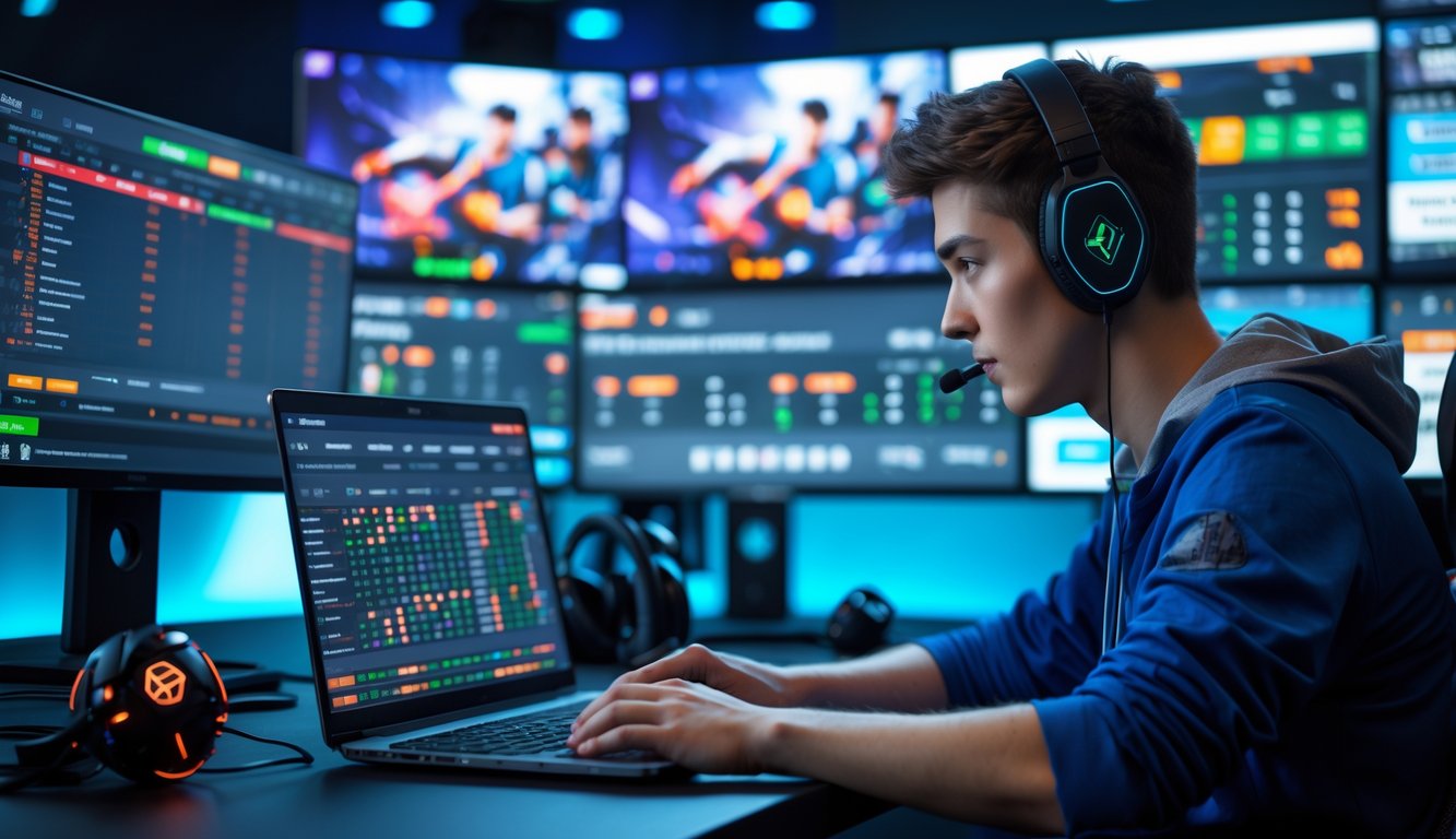 Seorang pria muda sedang menggunakan laptop di depan beberapa monitor yang menampilkan grafik permainan esports dan statistik taruhan.