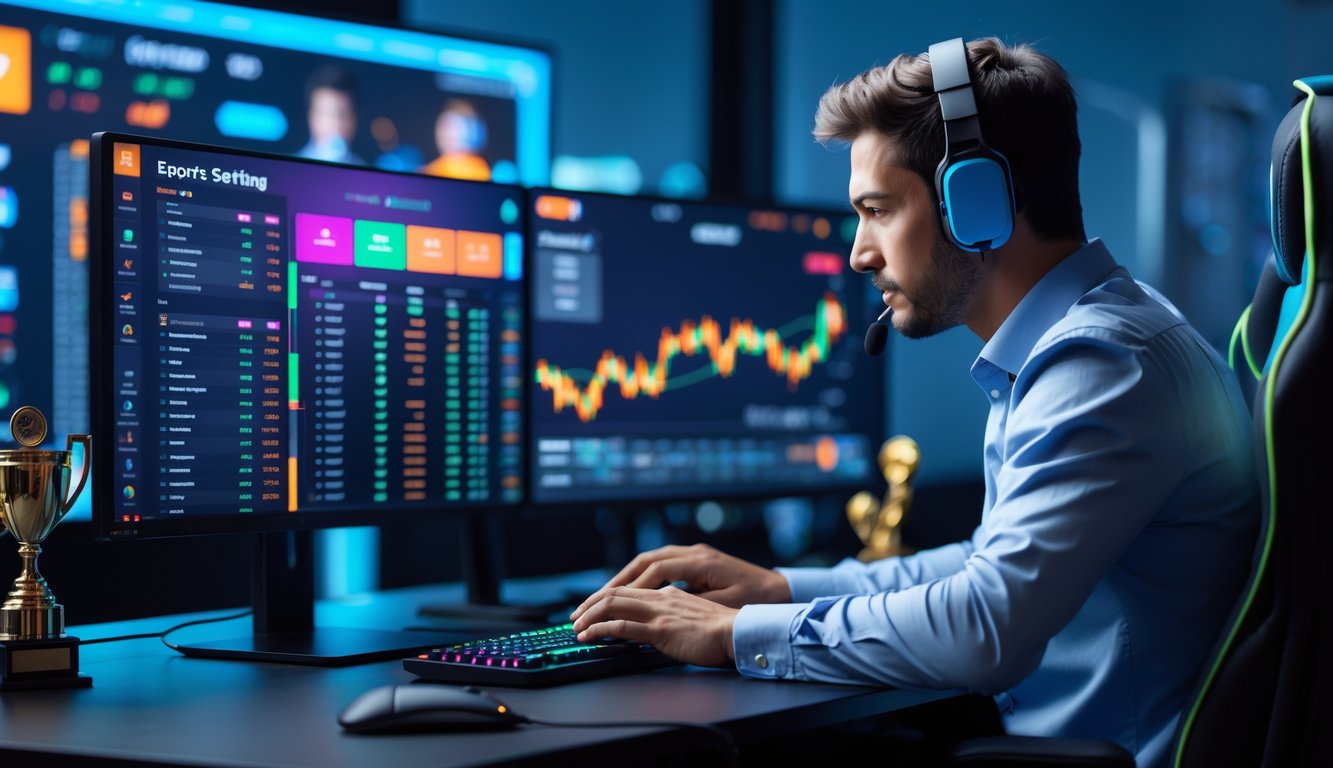 Seorang profesional sedang menganalisis data taruhan esports di meja kerja dengan beberapa monitor komputer dan perlengkapan gaming.