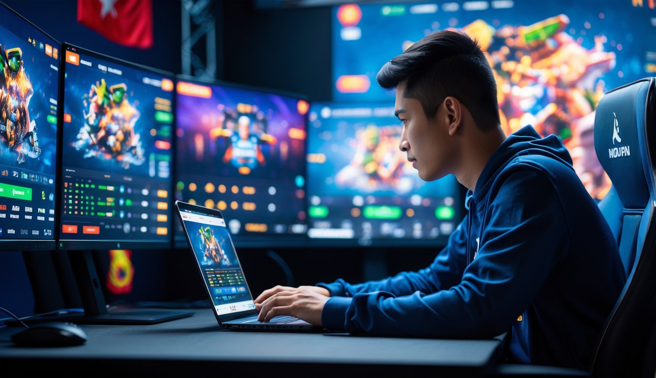 Seorang pria muda Indonesia sedang duduk di depan komputer dan ponsel dengan tampilan pertandingan esports dan grafik taruhan di layar.