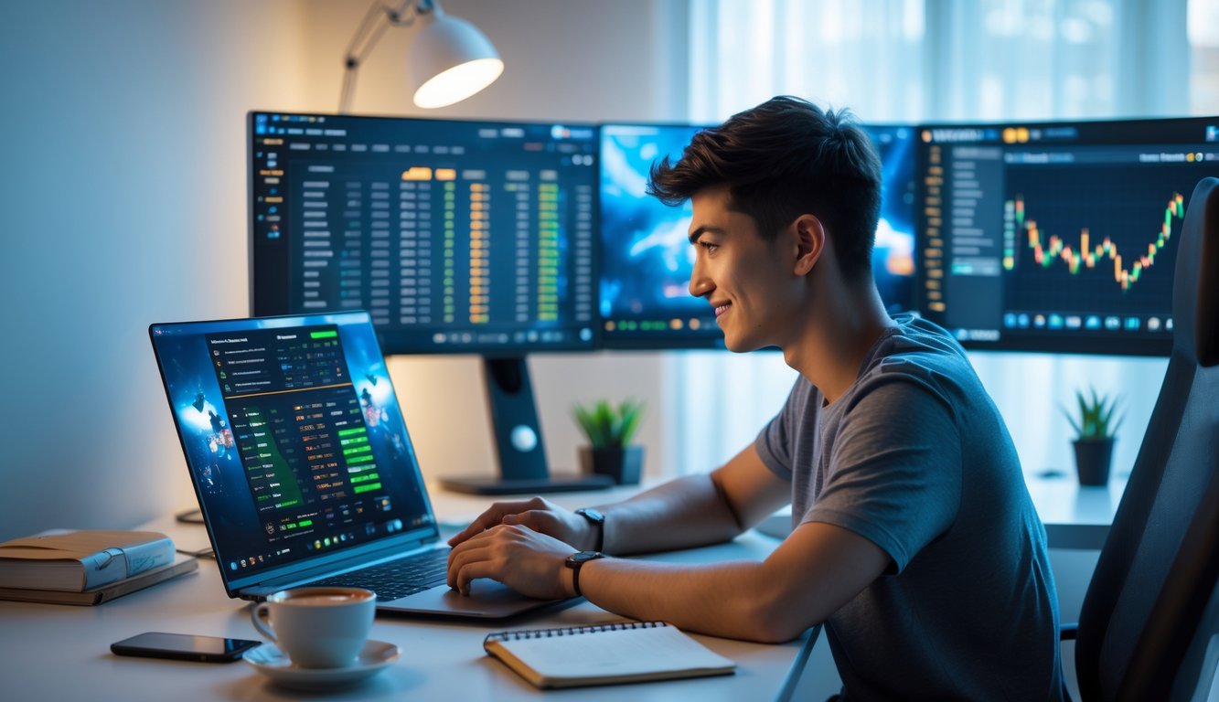 Seseorang duduk di meja dengan laptop dan beberapa monitor menampilkan permainan esports dan grafik taruhan, fokus dan terlihat percaya diri.