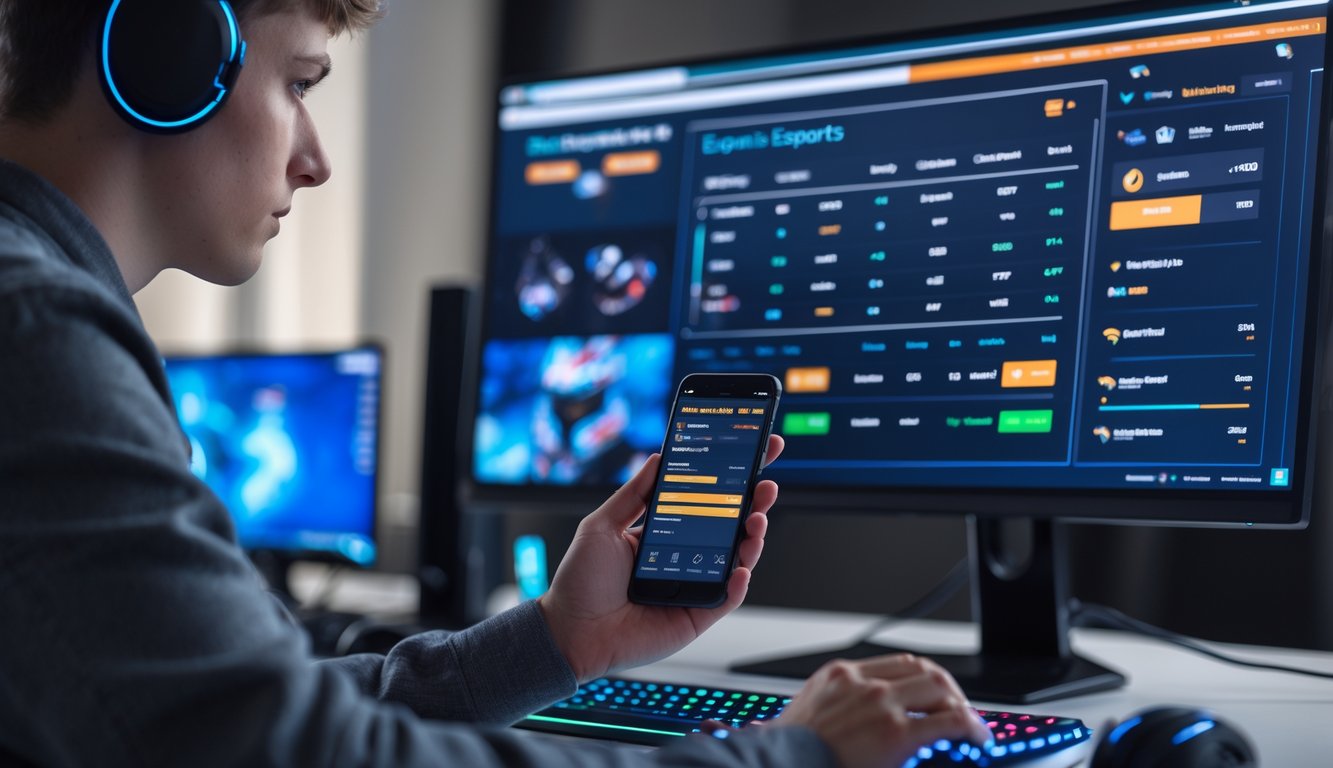 Seseorang sedang menganalisis data taruhan esports di depan komputer dengan tampilan odds dan aplikasi taruhan di ponsel.