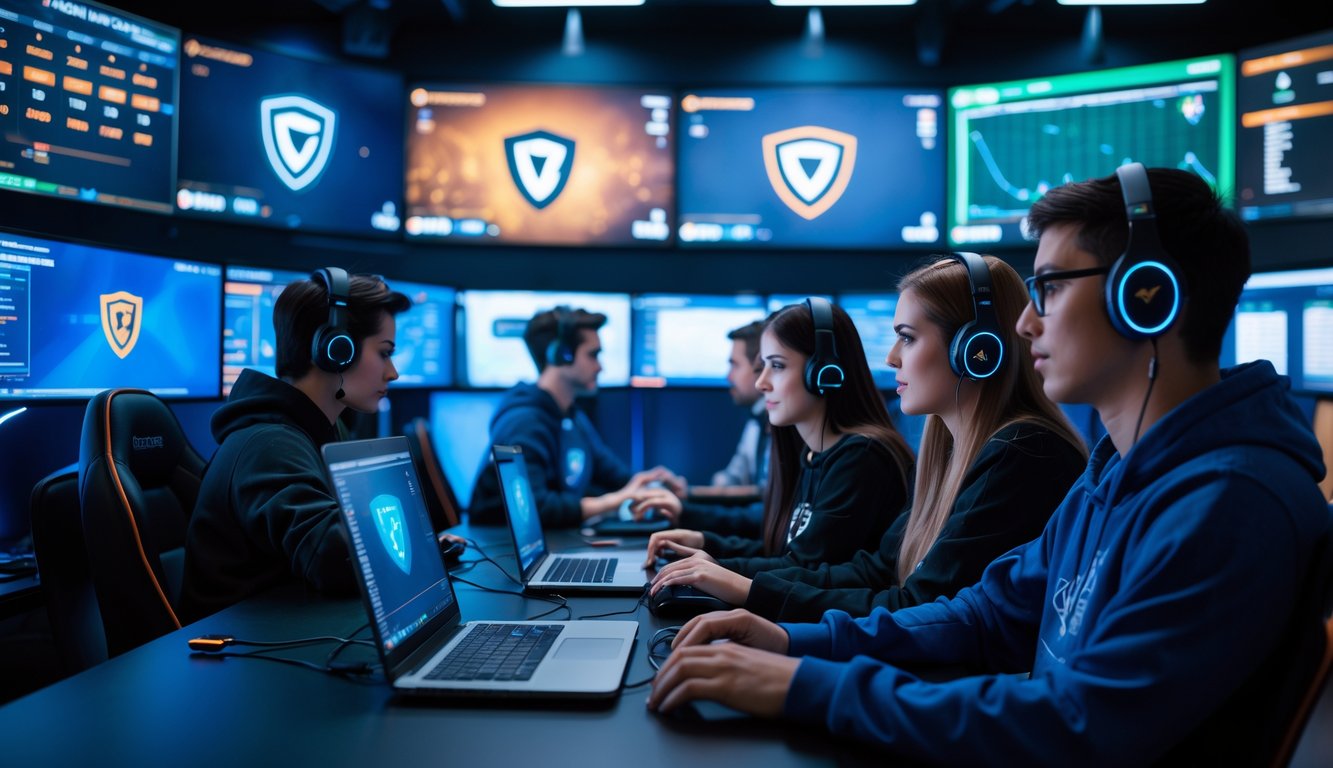 Beberapa orang muda sedang menggunakan laptop dan ponsel di sebuah ruangan gaming modern dengan layar besar yang menampilkan permainan esports populer.