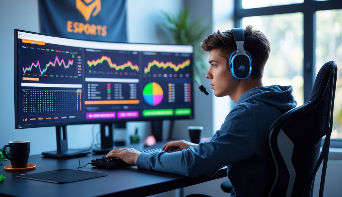 Seorang pria muda duduk di meja dengan komputer, sedang menganalisis strategi taruhan judi esports dengan fokus.