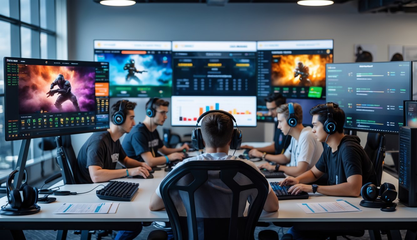 Sekelompok orang muda sedang fokus menggunakan komputer dengan tampilan permainan esports dan data taruhan di layar dalam ruangan kerja yang rapi.