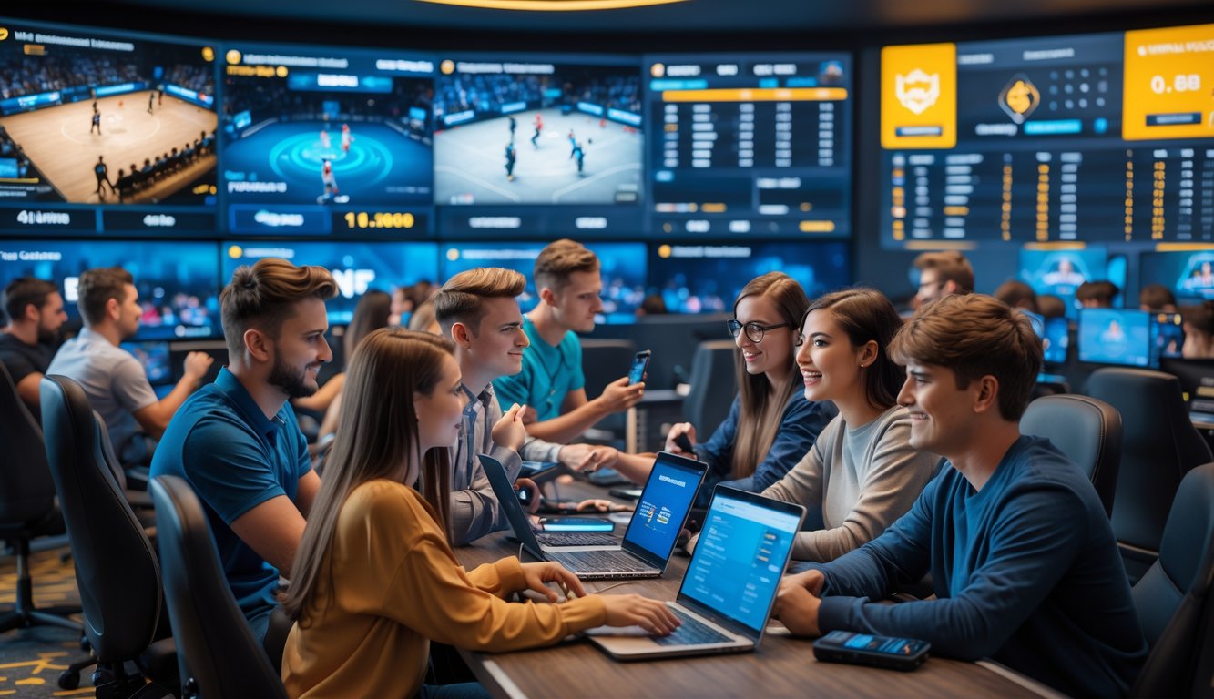 Sekelompok orang muda sedang menggunakan komputer dan ponsel untuk taruhan esports di ruangan modern dengan layar besar menampilkan pertandingan dan informasi taruhan.