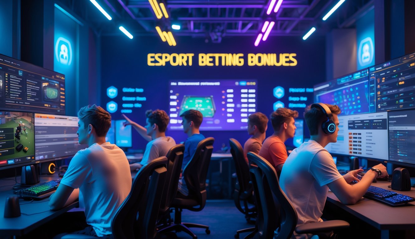 Sekelompok orang muda sedang fokus menggunakan komputer dan perangkat game di ruangan dengan pencahayaan biru dan ungu, melihat pertandingan esports dan informasi taruhan.