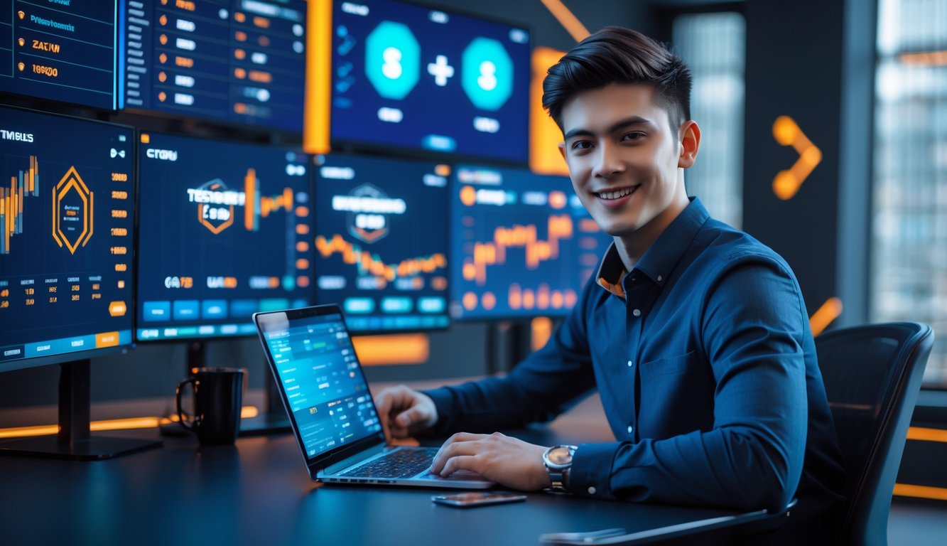 Seorang pria muda duduk di depan beberapa layar komputer yang menampilkan permainan esports dan angka taruhan dengan ekspresi fokus dan puas.