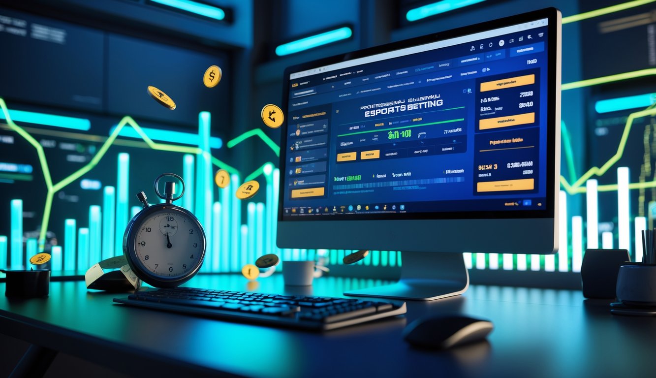 Seorang pria di depan komputer dengan tampilan situs judi esports yang menunjukkan peluang tinggi dan pembayaran cepat.