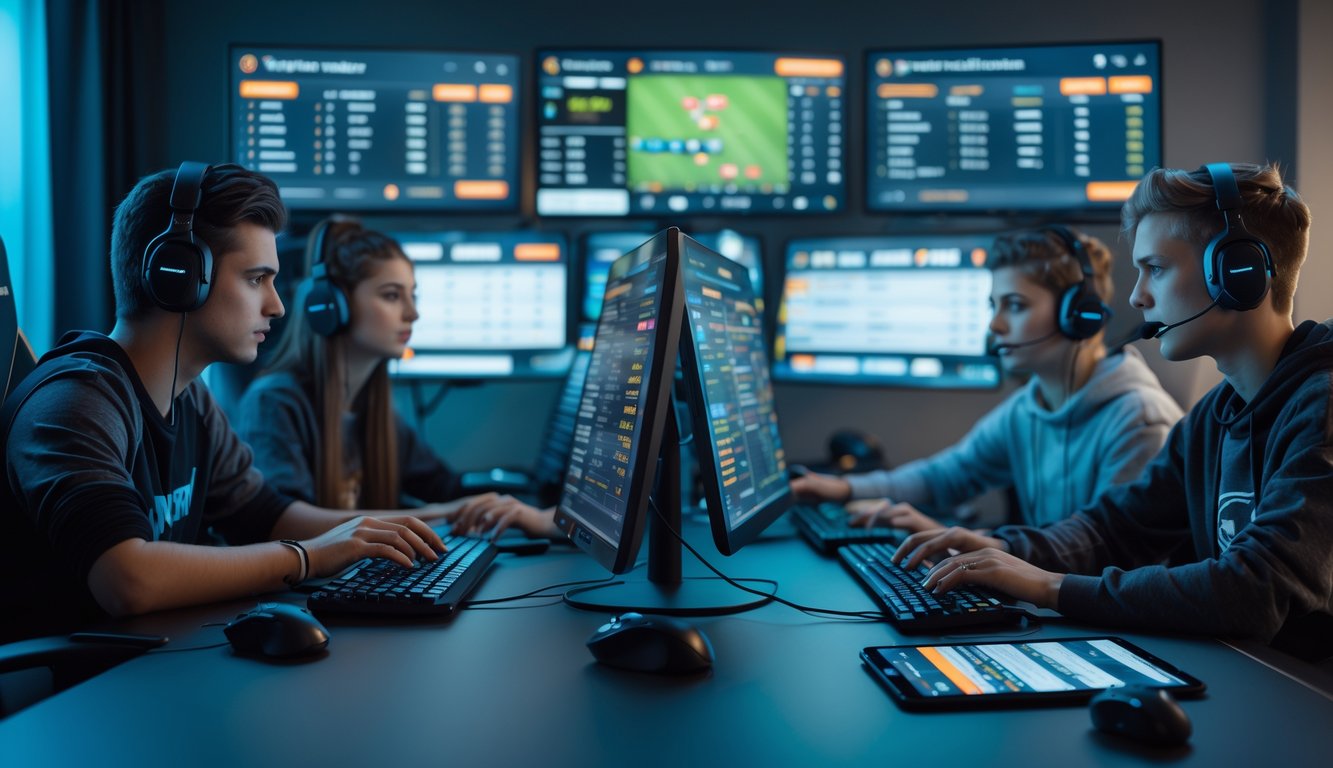 Sekelompok orang muda fokus melihat layar komputer yang menampilkan pertandingan esports dan grafik peluang taruhan di sebuah ruangan modern.