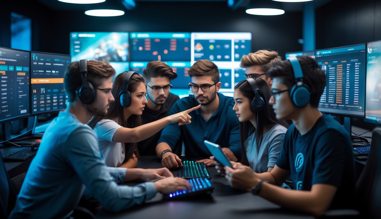 Sekelompok orang muda fokus berdiskusi di depan layar komputer yang menampilkan permainan esports dan grafik odds taruhan.