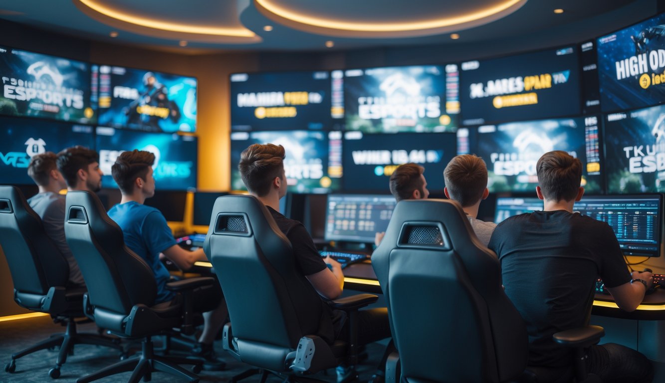 Sekelompok orang muda menonton pertandingan esports di layar besar dalam ruang bermain modern dengan peralatan gaming.