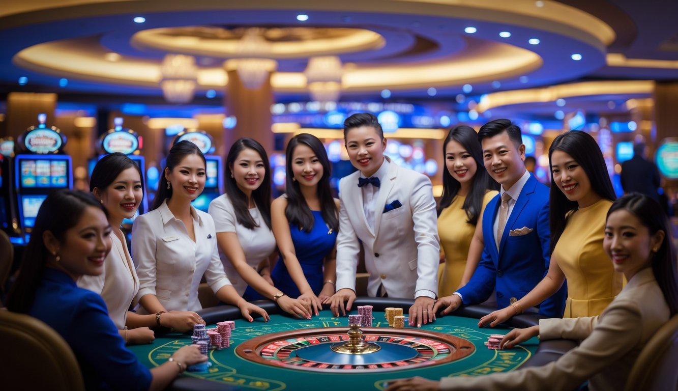 Suasana kasino langsung dengan dealer yang ramah dan meja permainan lengkap di dalam ruangan modern.