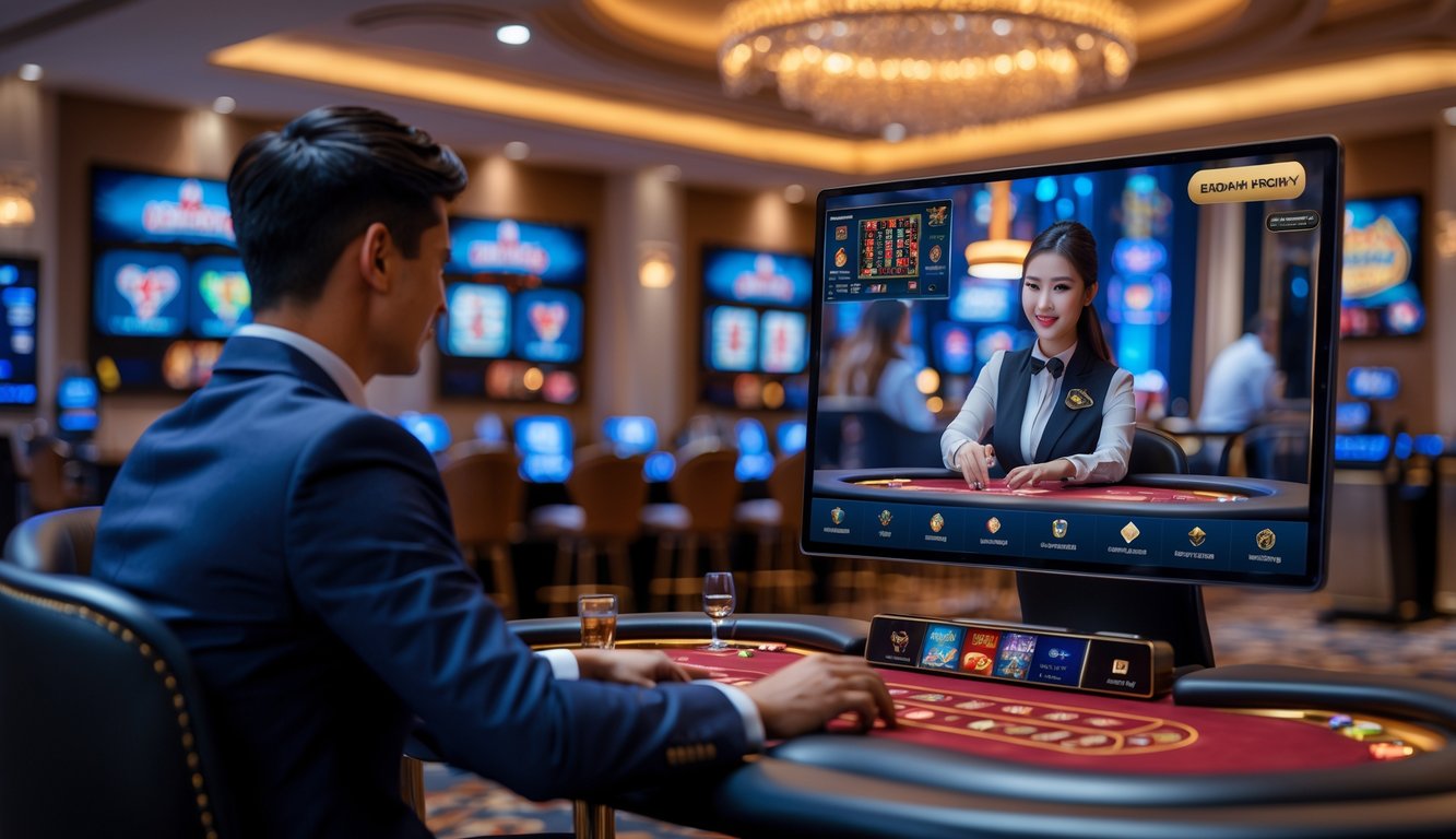 Seorang pemula sedang bermain di meja kasino dengan dealer langsung di layar digital dalam suasana kasino modern.