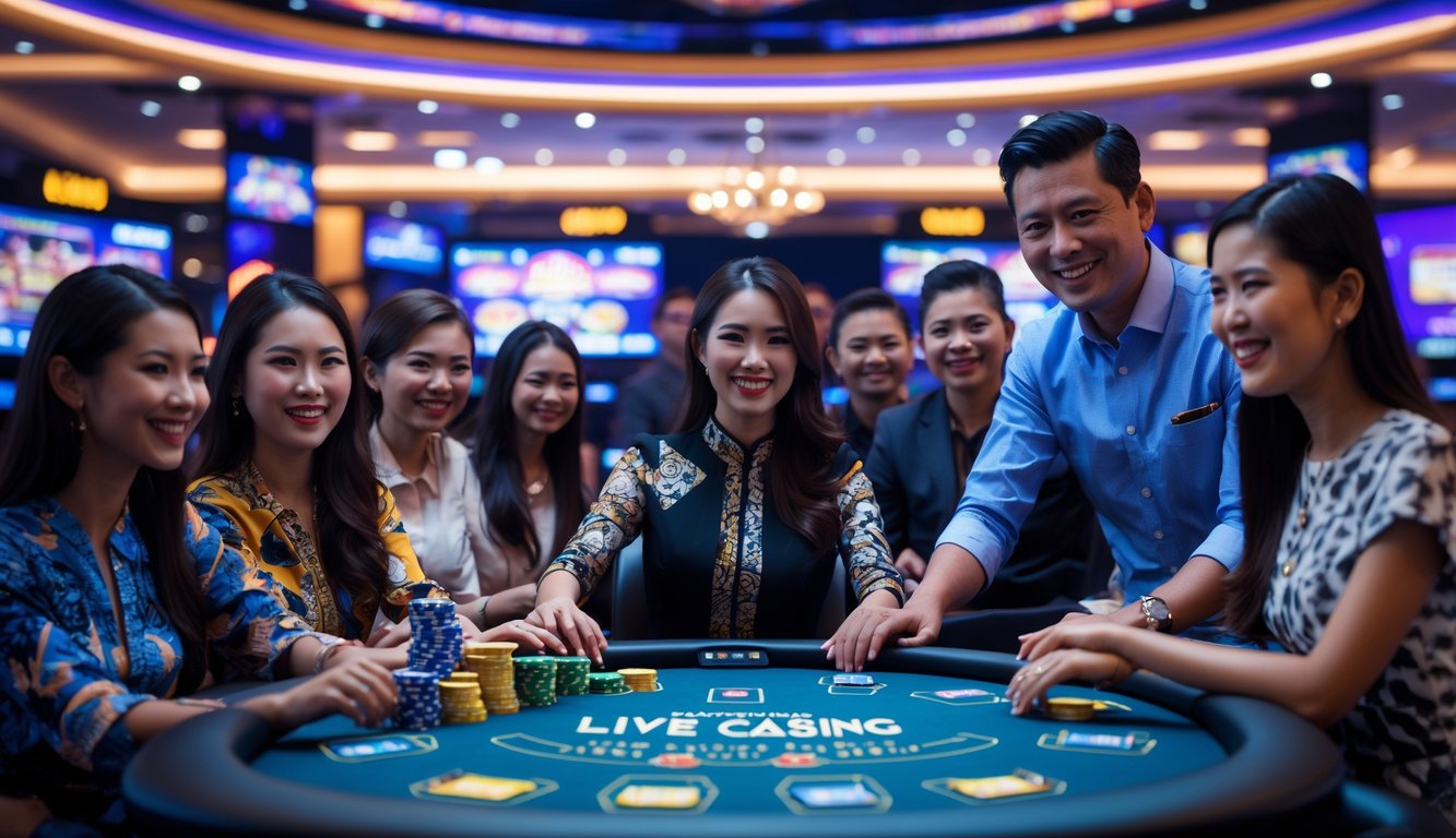 Sejumlah pemain dan dealer sedang bermain di meja kasino langsung dengan suasana ceria dan profesional di dalam kasino modern.